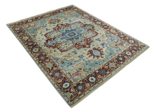 Hand Knotted Blue, Ivory and Rust Antique Persian Heriz Serapi Wool Rug