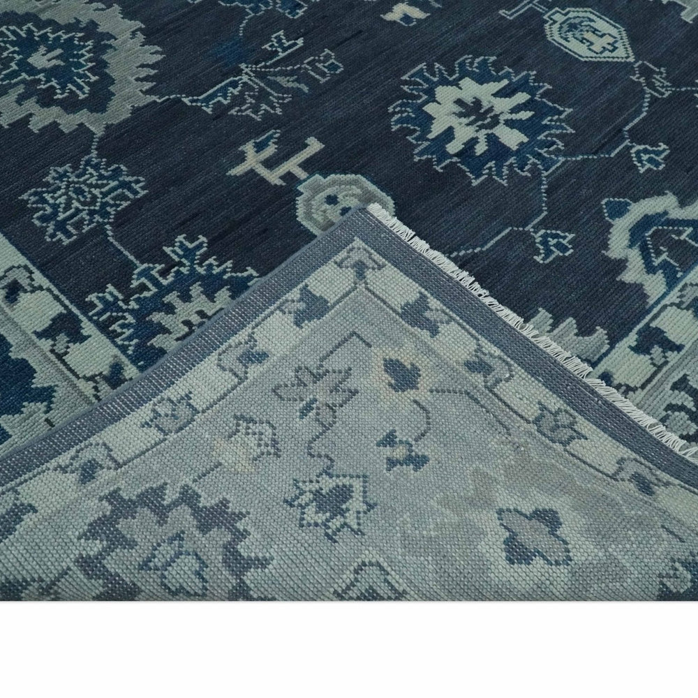 Hand Knotted Blue, Silver and Ivory Traditional Oushak Vintage Style Wool Rug