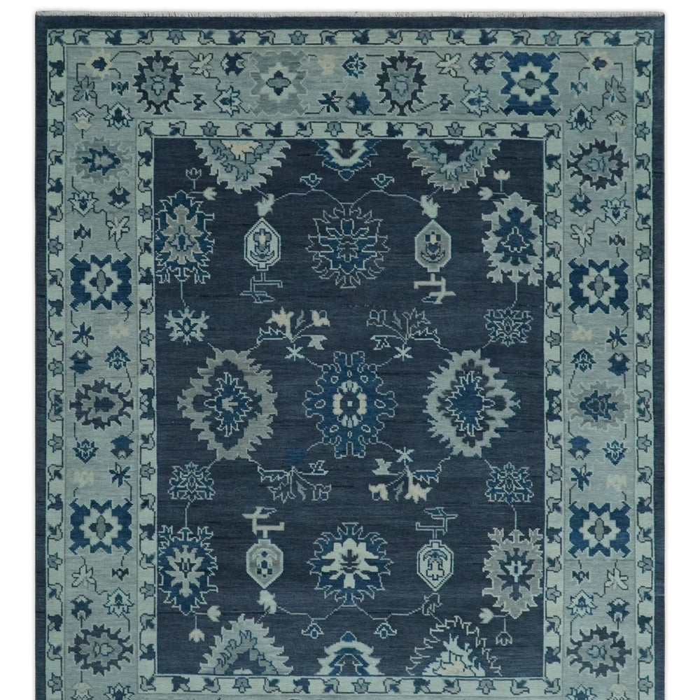 Hand Knotted Blue, Silver and Ivory Traditional Oushak Vintage Style Wool Rug