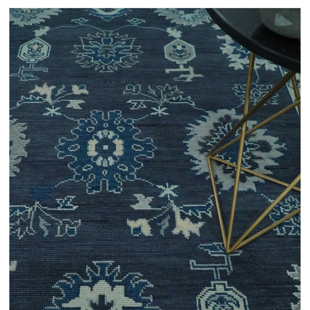 Hand Knotted Blue, Silver and Ivory Traditional Oushak Vintage Style Wool Rug