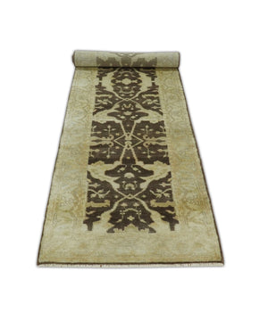 Traditional Oushak Brown and Beige Hand Knotted Wool Area Rug