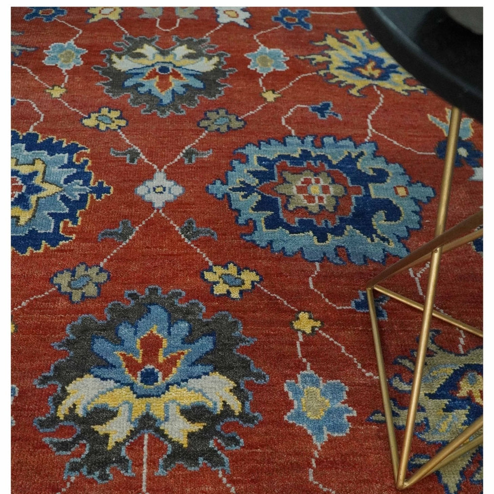 Hand Knotted Brown, Blue and Charcoal colorful Traditional Oushak Wool Area Rug