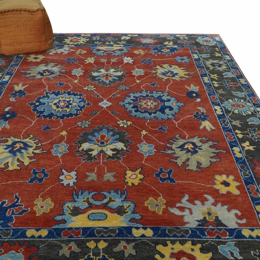 Hand Knotted Brown, Blue and Charcoal colorful Traditional Oushak Wool Area Rug