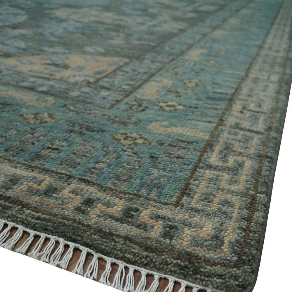 Hand Knotted Charcoal, and Aqua Oriental Khotan Multi Size Traditional Wool Area Rug