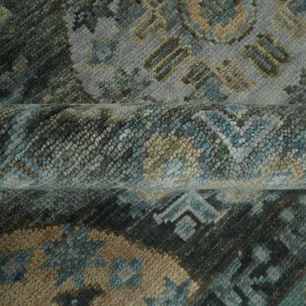 Hand Knotted Charcoal, and Aqua Oriental Khotan Multi Size Traditional Wool Area Rug