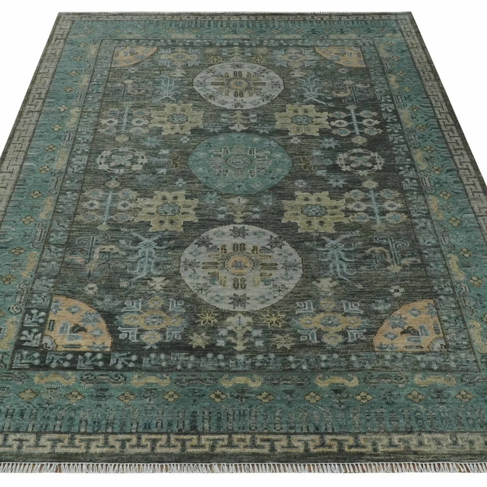 Hand Knotted Charcoal, and Aqua Oriental Khotan Multi Size Traditional Wool Area Rug