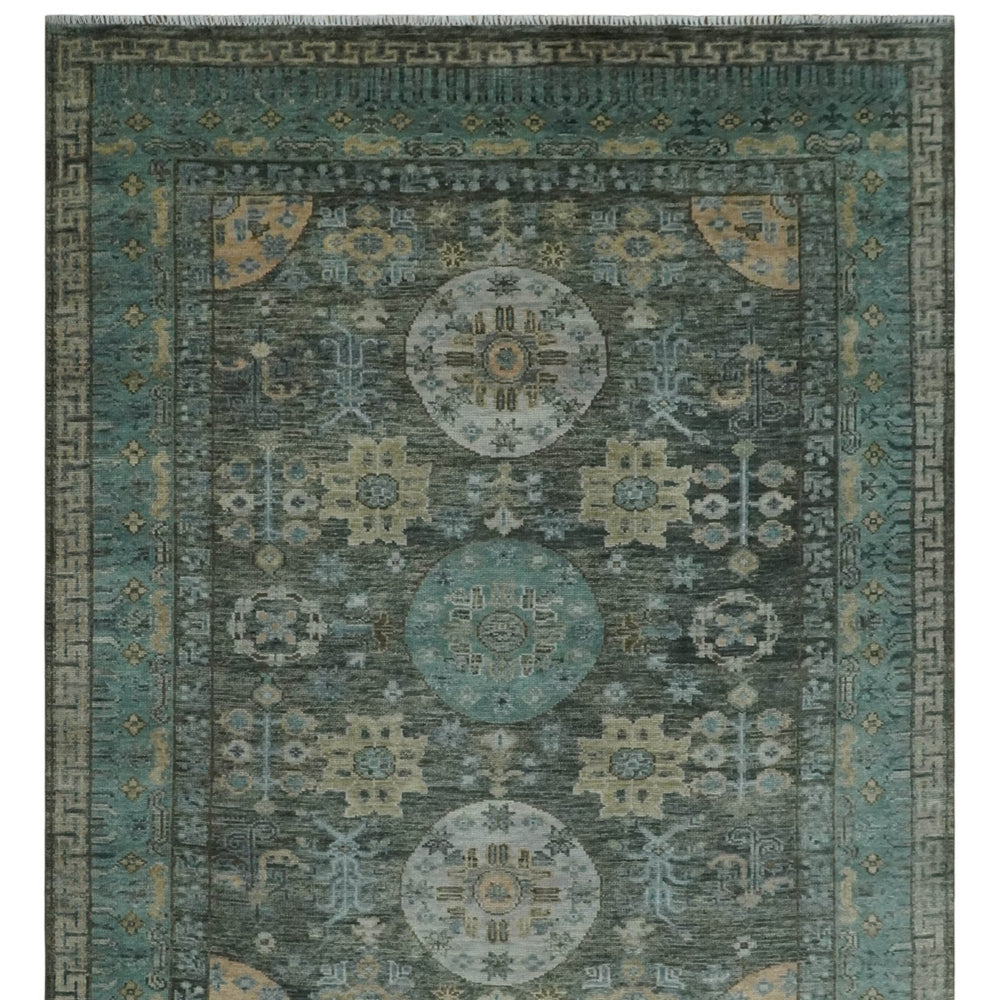 Hand Knotted Charcoal, and Aqua Oriental Khotan Multi Size Traditional Wool Area Rug