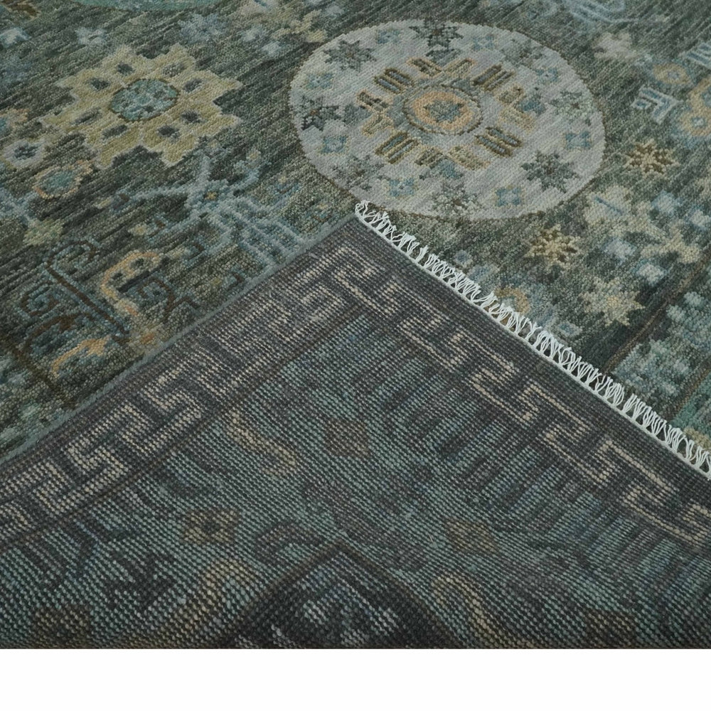 Hand Knotted Charcoal, and Aqua Oriental Khotan Multi Size Traditional Wool Area Rug