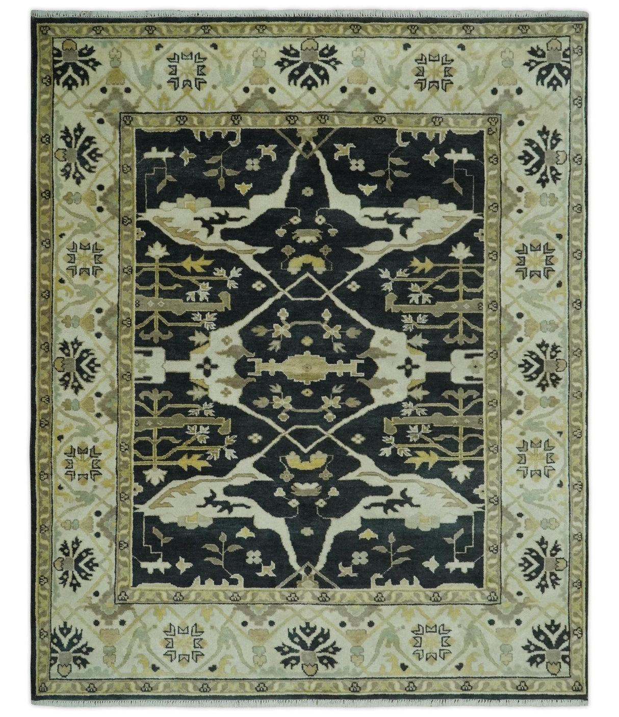 Hand Knotted Charcoal, Ivory and Olive Oriental Oushak 8x10 Wool Area Rug
