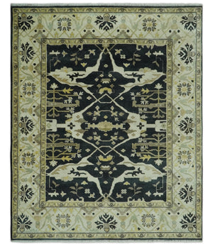 Hand Knotted Charcoal, Ivory and Olive Oriental Oushak 8x10 Wool Area Rug