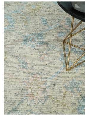 Modern Contemporary Ivory and Blue Hand Knotted Wool Rug