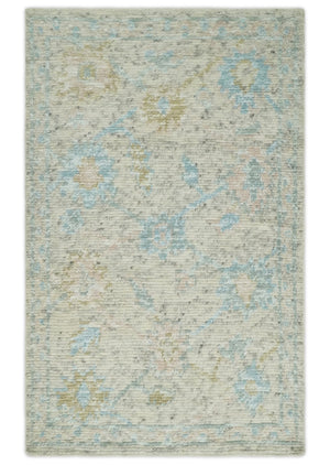 Modern Contemporary Ivory and Blue Hand Knotted Wool Rug