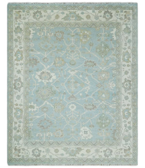 Hand Knotted Custom Made Oriental Oushak Aqua, Ivory and Beige Wool Area Rug