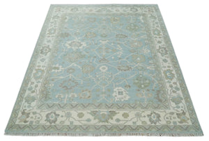 Hand Knotted Custom Made Oriental Oushak Aqua, Ivory and Beige Wool Area Rug