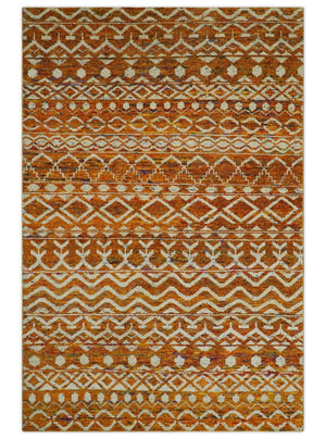 Hand Knotted Gold, Rust and Ivory Modern Contemporary Tribal Trellis Recycled Silk Area Rug