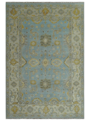 Hand Knotted Gray, Ivory and Mustard 6x8.8 Traditional Oriental Oushak wool rug