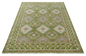 Hand Knotted Green, Ivory and Silver Oriental Traditional Multi Size Wool Area Rug