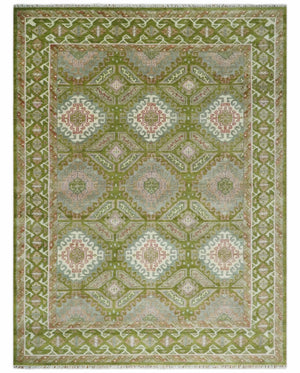 Hand Knotted Green, Ivory and Silver Oriental Traditional Multi Size Wool Area Rug