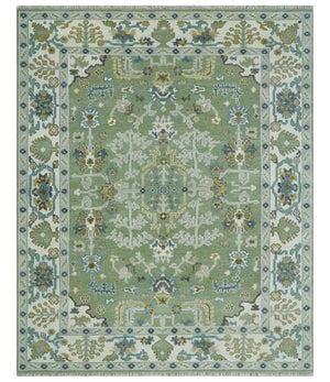 Hand Knotted Green, Ivory and Silver Traditional Turkish Vintage Style Wool Rug