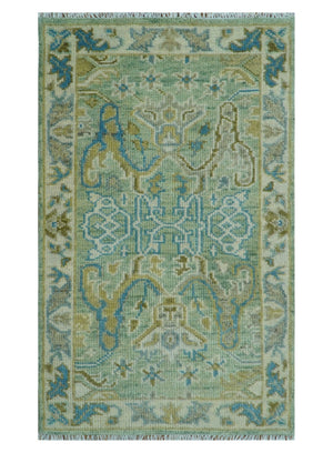 Hand Knotted Green, Olive and Teal Traditional Dragon Oushak Design 3x5 wool rug