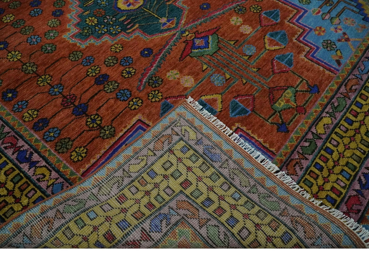 Hand Knotted Green, Rust, Yellow, Pink and Blue Traditional Floral 8x10 Wool Area Rug
