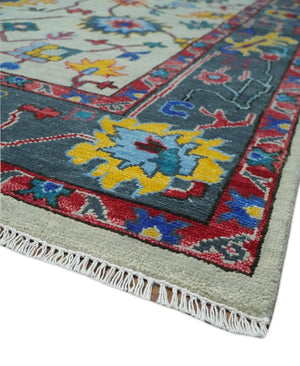 Hand Knotted Ivory and Charcoal 9x12 Traditional Oushak Wool Rug