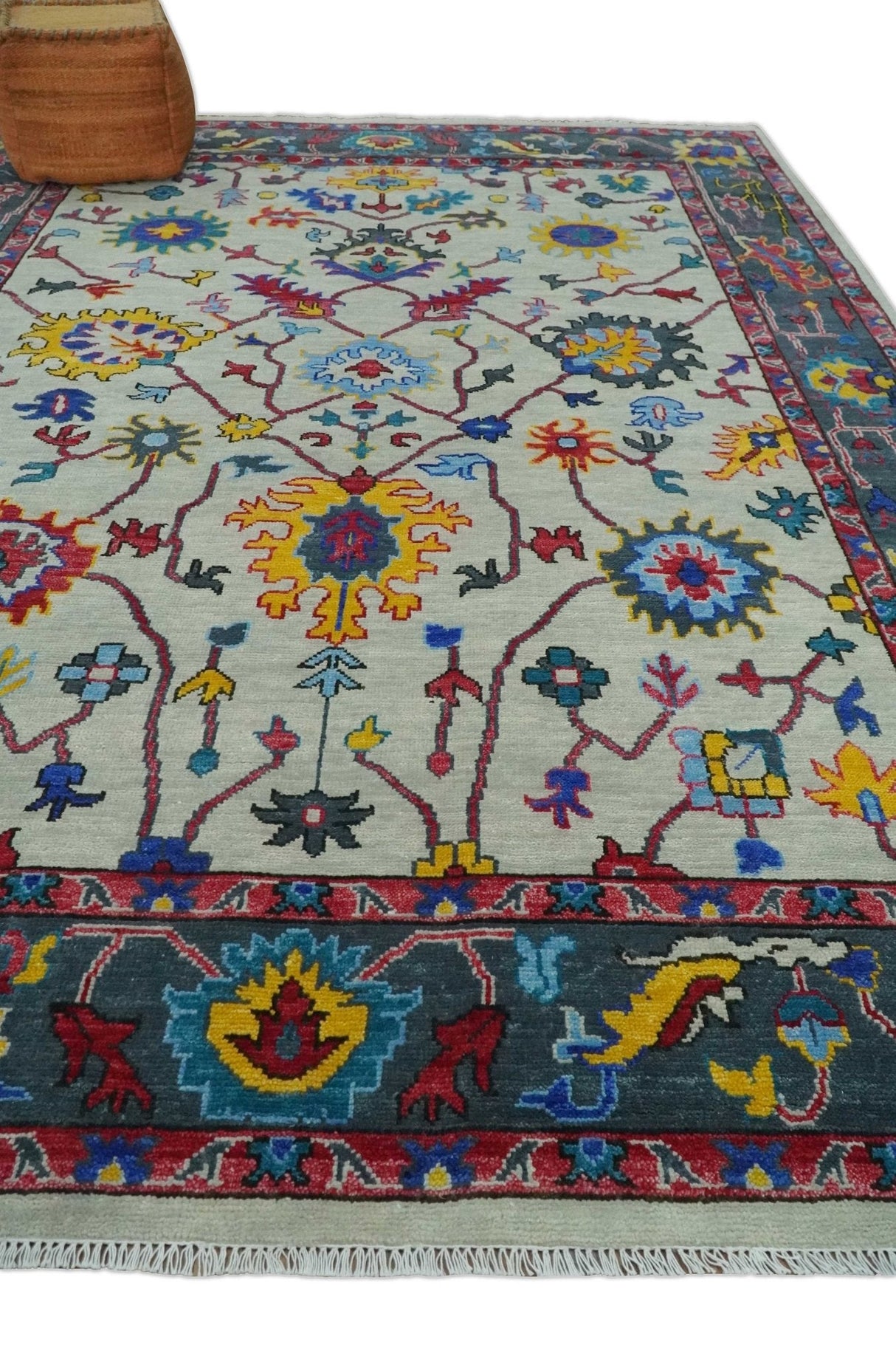 Hand Knotted Ivory and Charcoal 9x12 Traditional Oushak Wool Rug
