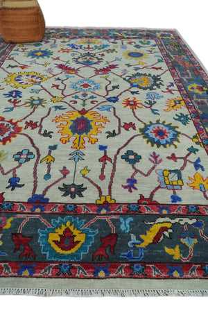 Hand Knotted Ivory and Charcoal 9x12 Traditional Oushak Wool Rug