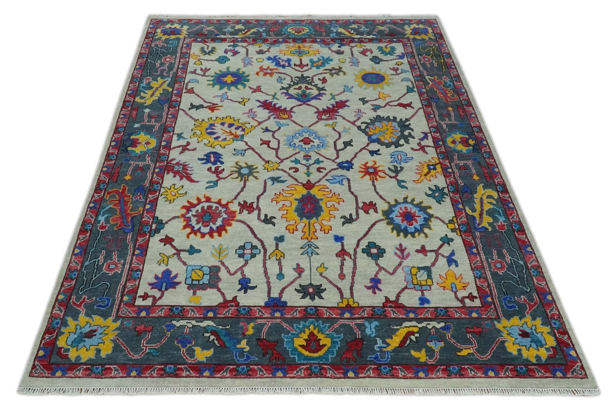 Hand Knotted Ivory and Charcoal 9x12 Traditional Oushak Wool Rug