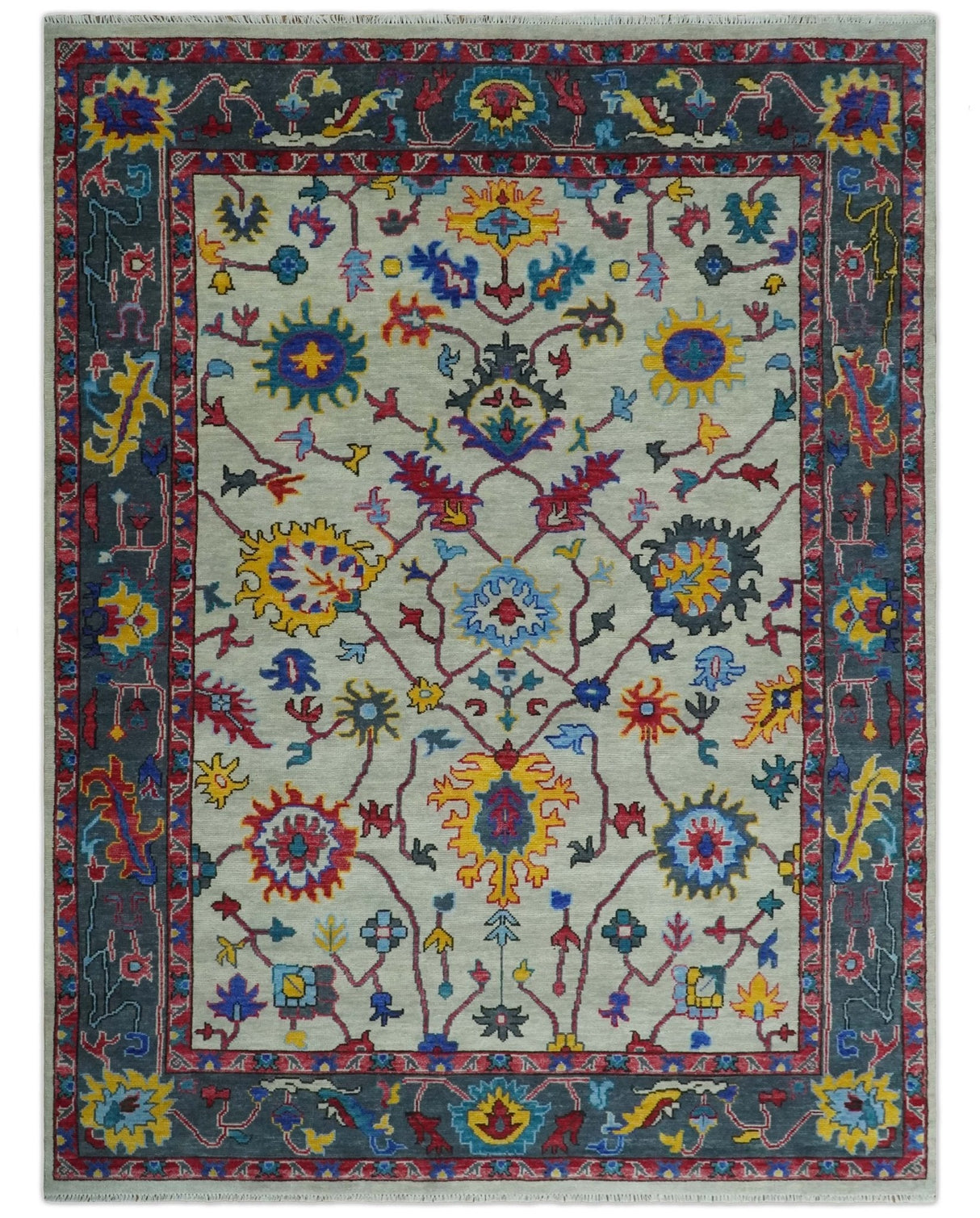Hand Knotted Ivory and Charcoal 9x12 Traditional Oushak Wool Rug