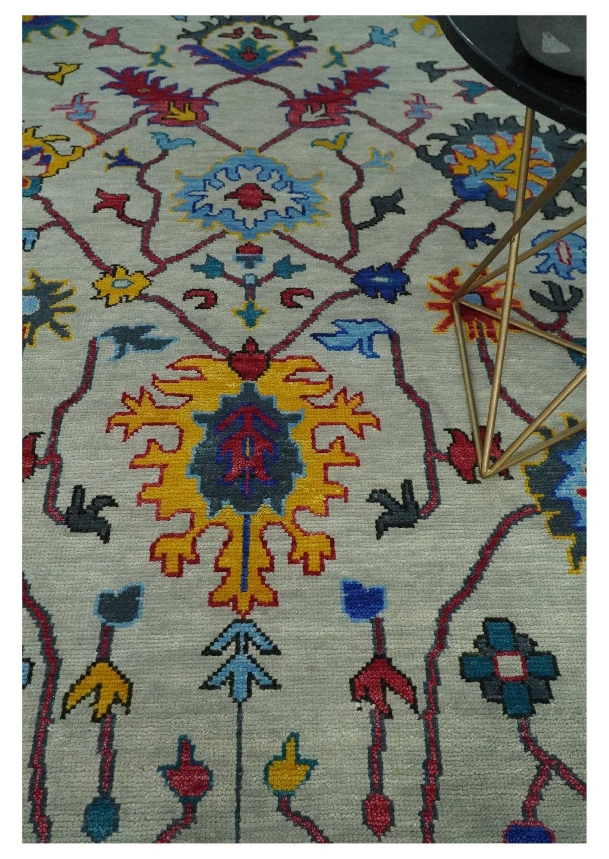 Hand Knotted Ivory and Charcoal 9x12 Traditional Oushak Wool Rug
