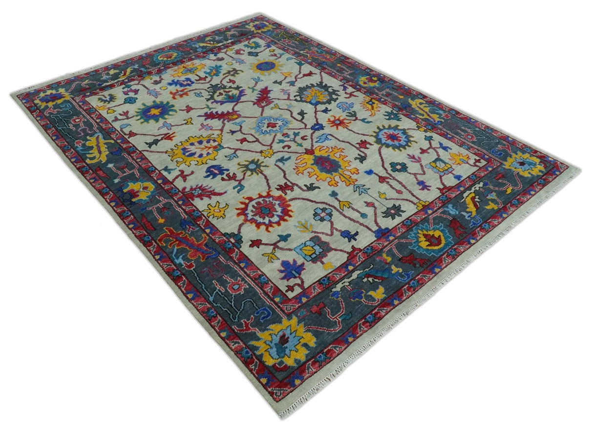 Hand Knotted Ivory and Charcoal 9x12 Traditional Oushak Wool Rug