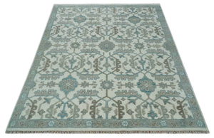 Hand Knotted Ivory and Teal 8x10 and 11x11 Square Oushak Wool Area Rug
