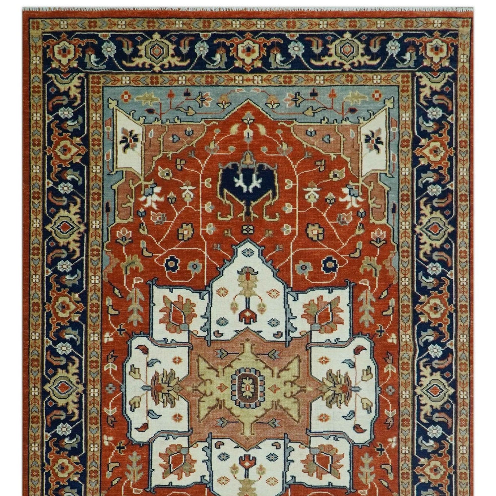 Hand Knotted Blue and Rust Traditional Heriz Multi Size Wool Area Rug