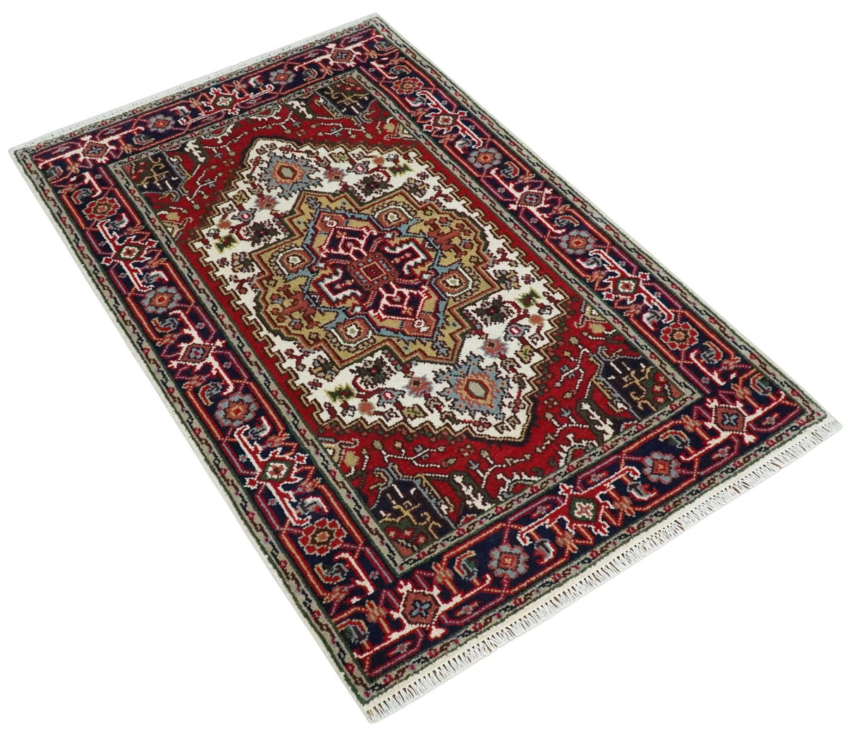 Hand Knotted Ivory, Brown and Blue 4x6 Traditional Antique Style Wool Area Rug