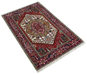 Hand Knotted Ivory, Brown and Blue 4x6 Traditional Antique Style Wool Area Rug