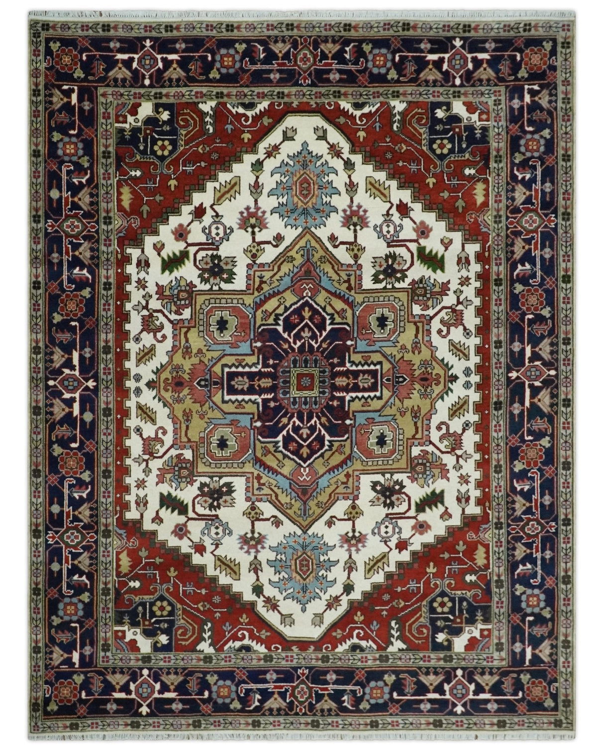 Hand Knotted Ivory, Brown and Blue 9x12 Traditional Antique Syle Wool Area Rug