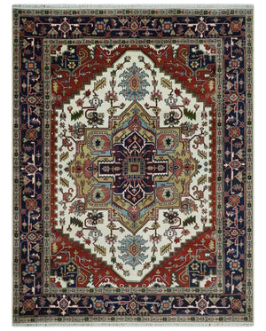 Hand Knotted Ivory, Brown and Blue 9x12 Traditional Antique Syle Wool Area Rug