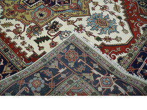 Hand Knotted Ivory, Brown and Blue 9x12 Traditional Antique Syle Wool Area Rug