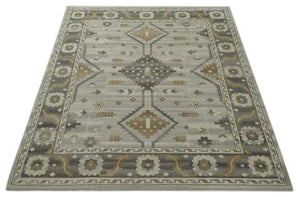 Hand Knotted Ivory, Charcoal and Beige Traditional Floral Multi Size Wool Area Rug