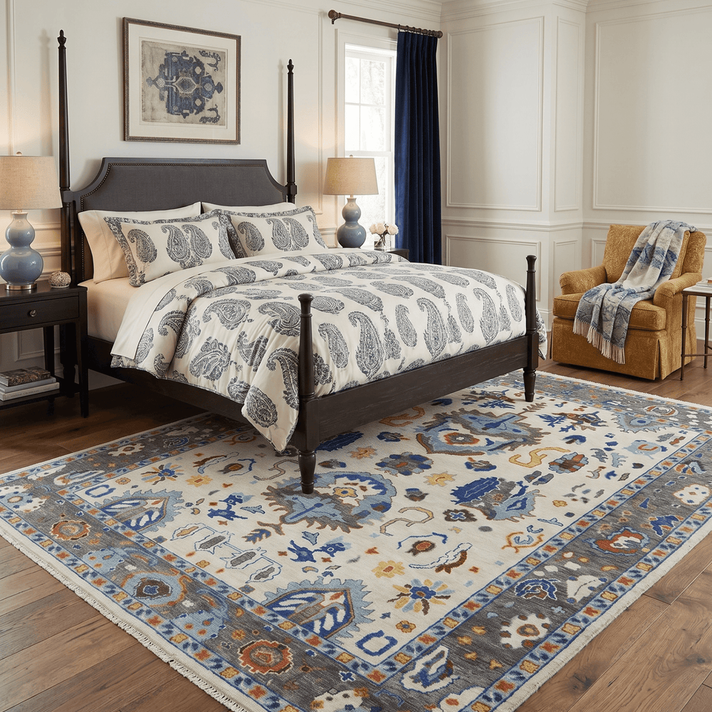 Hand Knotted Ivory, Charcoal and Blue Traditional Oushak Multi size Wool Area Rug