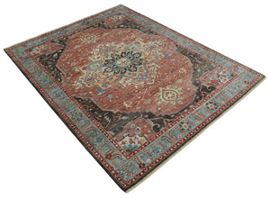 Hand Knotted Ivory, Rust and Blue Antique Persian Heriz Serapi Wool Rug