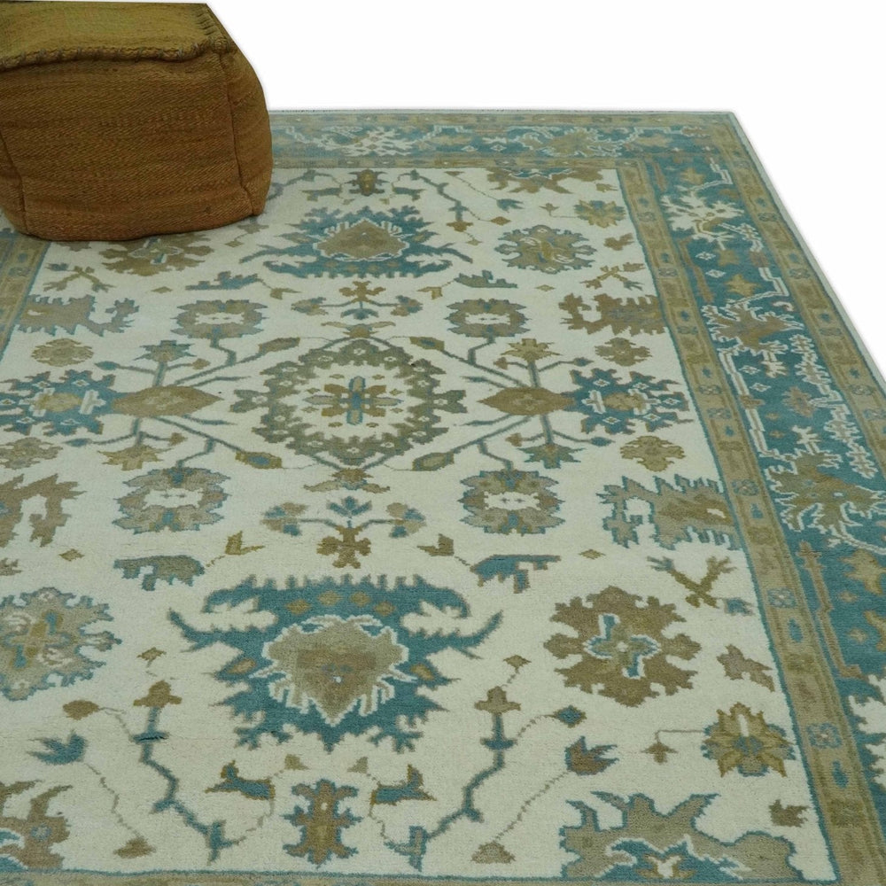 Hand Knotted Ivory, Teal and Beige Traditional Oriental Oushak Multi Size wool rug