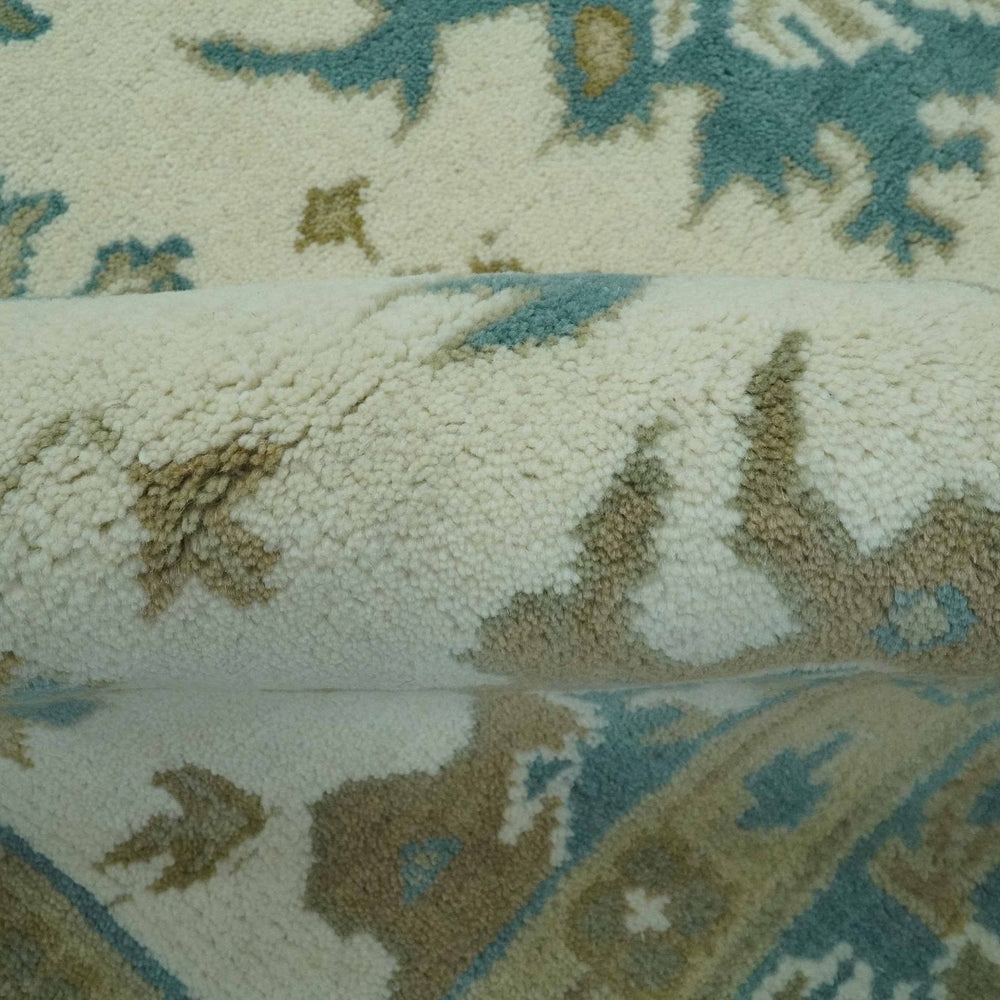 Hand Knotted Ivory, Teal and Beige Traditional Oriental Oushak Multi Size wool rug