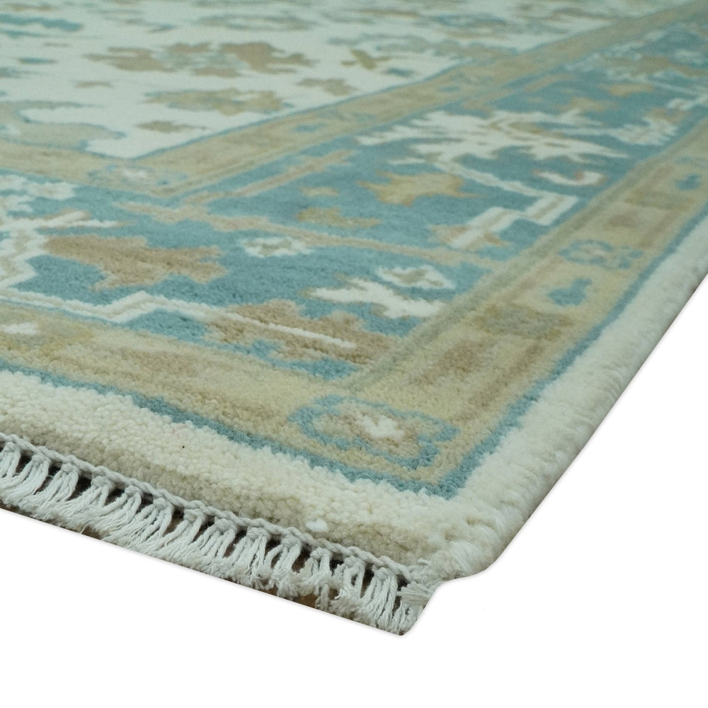 Hand Knotted Ivory, Teal and Beige Traditional Oriental Oushak Multi Size wool rug