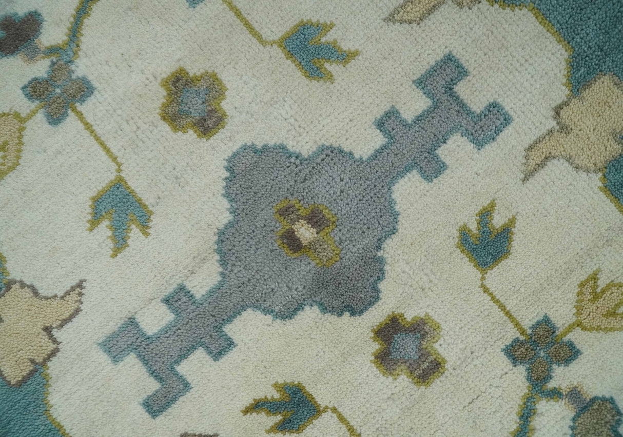 Hand Knotted Ivory, Teal and Olive Oriental Oushak 9x12 Wool Area Rug