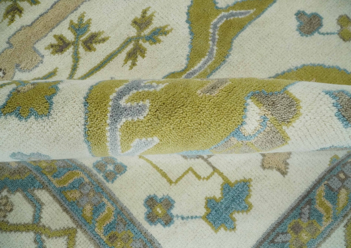 Hand Knotted Ivory, Teal and Olive Oriental Oushak 9x12 Wool Area Rug