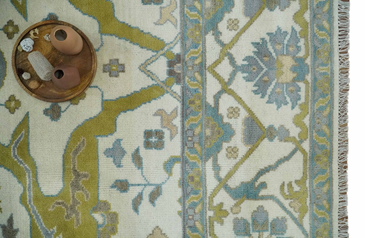 Hand Knotted Ivory, Teal and Olive Oriental Oushak 9x12 Wool Area Rug