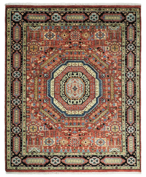 Hand Knotted Traditional Kazak Medallion Rust and Black Wool Area Rug