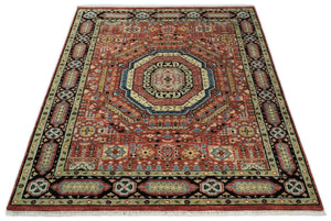 Hand Knotted Traditional Kazak Medallion Rust and Black Wool Area Rug
